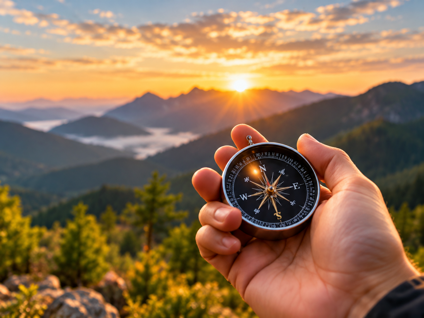 Compass in hand at sunrise